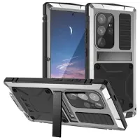 R-Just Samsung Galaxy S25 Ultra Premium-etui med kickstand og skjermbeskytter i herdet glass - Sølv