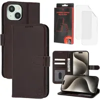 Mtp Products iPhone 15 MyTPhone CardMate MagSafe lommebokveske i lær med kortholder, stativ, 2x skjermbeskytter - mørkebrun