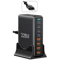 Essager 320W GaN Multi-Port Bordlader - 4x USB-A- og 4x Type-C-porter, EU-kontakt - Svart