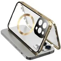 Mtp Products Kompatibel med MagSafe-etui til iPhone 15 Pro Magnetisk metallramme + dobbeltsidig telefondeksel i herdet glass med spennelås - gull