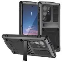 R-Just Samsung Galaxy S25 Ultra Premium-deksel med kickstand og skjermbeskytter i herdet glass - Svart