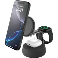 Belkin UltraCharge Pro - Trådløst ladestativ - 3-i-1, Qi2 + AC-strømadapter - 25 watt - Fast Charge - koksgrå
