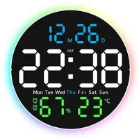 Mtp Products Stillegående Digitalt LED-Veggklokke med Temperatur- og Luftfuktighetsvisning, Nattlys og Fjernkontroll