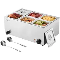 Vevor Kommersiell matvarmer, elektrisk dampbord med 6 panner, 1200 W profesjonell benkeplate i rustfritt stål, buffet i bain-marie med 30–85 °C temperaturkontroll for catering, bufféer, fester og rest