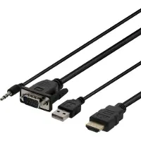 Deltaco - HDMI-kabel - HDMI hann til USB, HD-15 (VGA), minijakk hann - 2 m - svart - tommelskruer, 1080p-støtte