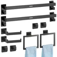 Vevor matt svart baderomsutstyrssett, 10-delers baderomstilbehørssett, 2 håndklestenger i rustfritt stål (24 tommer), 2 håndklestativer, 4 håndklekroker, 2 toalettpapirholdere til bad, veggmontert
