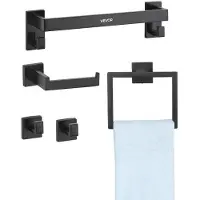 Vevor matt svart baderomsutstyrssett, 5 deler baderomstilbehørssett, håndklestang i rustfritt stål 16 tommers, håndklestativ, 2 håndklekroker, toalettpapirholder for bad, veggmontert