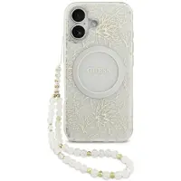 GUESS iPhone 17 IML Flowers Allover Electro-deksel med perlearmbånd - MagSafe-kompatibel - Hvit