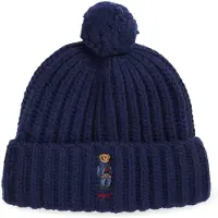 Ralph Lauren for woman. 455931876003 Ribbed beanie with Polo Bear and navy pom-pom (OSFA), Casual, Wool