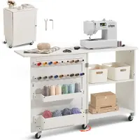 Vevor Sammenleggbart sybord, multifunksjonelt symaskinbord med kompakt design, hjul, hyller, oppbevaringsbrett, treplugger og magnetiske dører, sybordskap for symaskin, hvit