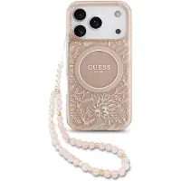 GUESS iPhone 17 Pro IML Flowers Allover Electro-deksel med perlearmbånd - MagSafe-kompatibel - Rosa