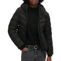 Superdry for woman. W5011594A Microfiber quilted jacket with hood (L), Black, Casual, Recycled Polister, Sustainable