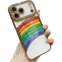 Mtp Products iPhone 17 Pro Regnbue kvikksand hybrid-deksel med rhinestone kameradekor - Gull