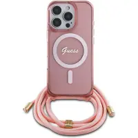GUESS Crossbody Cord Script MagSafe-etui for iPhone 16 Pro Max - Rosa