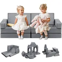 Vevor modulær lekesofa for barn, seksjonssofa for småbarn med armlener, 28D svamp og kort luv, konvertibel modulær barnesofa DIY kreativ kombinasjon for lekerom, soverom, stue, 14 deler, grå