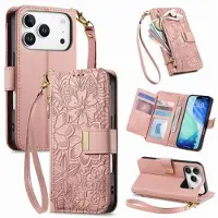 Mtp Products iPhone 17 Pro Max lommebokveske med blomster- og bladmønster, glidelåslomme og håndleddsstropp - rosa