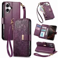 Mtp Products iPhone 16 lommebokveske med blomster- og bladmønster, glidelåslomme og håndleddsstropp - Lilla