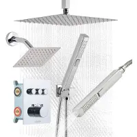 Vevor dusjkransett, 305 mm termostatisk takmontert regndusjsystem med 152 mm veggmontert hode og 2-i-1 hånddusj, 3-funksjons dobbelt regndusjhode messingventil og pyntesett, krom