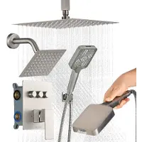 Vevor dusjkransett, 305 mm takmontert regndusjsystem med 152 mm veggmontert hode og 4-i-1 hånddusj, roterbart 3-funksjons dobbelt regndusjhode messingventil og pyntesett, børstet nikkel