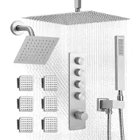 Vevor dusjkransett, 406 mm termostatisk takmontert regndusjsystem med 152 mm veggmontert hode, 6 kroppsdyser og hånddusj, dobbelt regndusjhode i messingventil og pyntesett, børstet nikkel