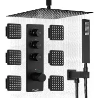 Vevor dusjkransett, 406 mm termostatisk takmontert regndusjsystem med 6 kroppsdyser og håndholdt spray, roterbart regndusjhode med 3 funksjoner, komplett messingventil og pyntesett, matt svart