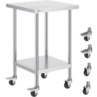 Vevor arbeidsbord i rustfritt stål 24 x 24 x 38 tommer, med 4 hjul, 3 justerbare høydenivåer, kraftig arbeidsbord for matlaging for storkjøkken, restaurant, sølvfarget