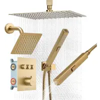 Vevor dusjkransett, 305 mm termostatisk takmontert regndusjsystem med 152 mm veggmontert hode og 2-i-1 hånddusj, 3-funksjons dobbelt regndusjhode messingventilsett, børstet gull