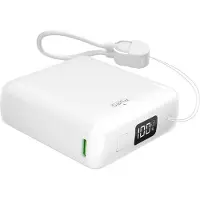 Puro 10000 mAh 20 W USB-C USB-A-strømbank med skjerm og innebygd USB-C-kabel - hvit