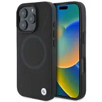 BMW Signature Leather Half Textured & Circle MagSafe-etui i lær for iPhone 16 Pro - svart