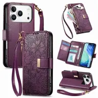 Mtp Products iPhone 17 Pro Max/18 Pro Max lommebokveske med blomster- og bladmønster, glidelåslomme og håndleddsstropp - Lilla