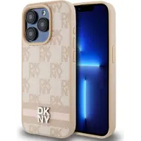 DKNY skinnveske med rutete ensfarget mønster og trykte striper til iPhone 15 Pro - rosa