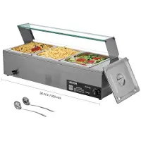 Vevor Kommersiell matvarmer, 1500W elektrisk dampmatvarmer i rustfritt stål med glasslokk, 3-panners benkeplatebuffet Bain Marie med suppe og perforerte øser, for catering, restauranter og fester
