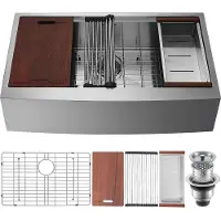 Vevor kjøkkenvask i gårdshusstil, 304 rustfritt stål med innfellbar servant, toppmontert enkelt servant med avsats og tilbehør, husholdningsoppvaskkum for arbeidsstasjon, forberedelseskjøkken og barva