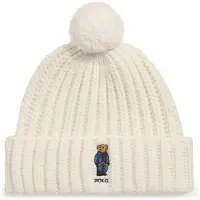 Ralph Lauren for woman. 455931876001 Ribbed beanie with Polo Bear and cream white pom-pom (OSFA), Casual, Wool