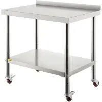 Vevor forberedelsesbord i rustfritt stål, 30 x 24 x 35 tommer, lastekapasitet 440 kg, kraftig arbeidsbord i metall med bakplate, justerbar underhylle og 4 hjul, kommersiell arbeidsstasjon for kjøkkenr