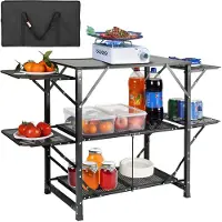Vevor Campingkjøkkenbord, Sammenleggbar Bærbar Kokkestasjon i Ett Stykke med Bæreveske, Campingbord i Aluminium, 4 Sidebord i Jern og 2 Hyller, Ideelt for Utendørs Piknik, Grilling, Camping, RV-Reiser
