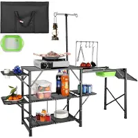 Vevor Campingkjøkkenbord, Sammenleggbar Bærbar Kokkestasjon i Ett Stykke med Bæreveske, Langt Campingbord i Aluminium, 3 Sidebord, 2 Hyller og Avtakbar Vask for Utendørs Piknik, Grilling, Camping