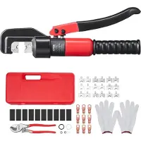 Vevor hydraulisk krympetang med 9 sett med bakker AWG12-2/0 kobber- og aluminiumspolbatterikabelskokrymper, med avbitertang, hansker, 5 stk. kobberringkontakter, 8 stk. krympehylser