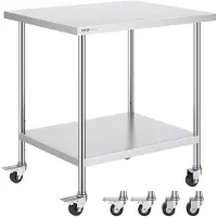 Vevor arbeidsbord i rustfritt stål 30 x 18 x 38 tommer, med 4 hjul, 3 justerbare høydenivåer, kraftig arbeidsbord for matlaging for storkjøkken, restaurant, sølvfarget