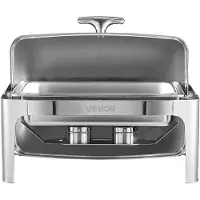 Vevor Roll Top Chafing Dish Buffet komplett sett, 9qt rustfritt stål chafer med full størrelse panne, rektangulær cateringvarmer med lokk vannpanne sammenleggbar stativ drivstoffholder måltidsklips, s