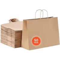 Vevor Kraftpapirposer med håndtak, 50 stk. 16 x 6 x 12 tommer, store papirposer for dagligvarer, gjenbrukbare og resirkulerte brune takeaway-sekker, ensfargede festposer i bulk til bursdag, bryllup, b