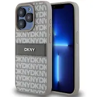 DKNY lærveske med monostripe og metalllogo til iPhone 14 Pro Max - beige