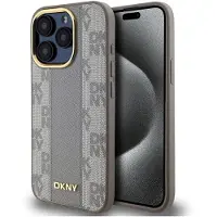 DKNY MagSafe iPhone 15 Pro Max-etui i skinn med rutete ensfarget mønster - Beige