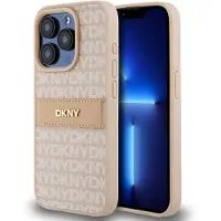 DKNY lærveske med monostripe og metalllogo til iPhone 14 Pro - rosa