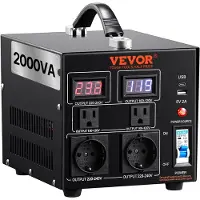 Vevor Spenningsomformertransformator, 2000VA, Kraftig opp/ned-transformator, Konverterer fra 110 volt til 220 volt og fra 220 volt til 110 volt, med amerikansk stikkontakt EU-stikkontakt 5V USB-port,