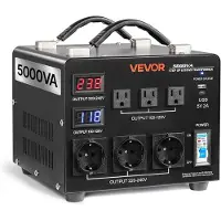 Vevor spenningstransformator, 5000VA, kraftig opp-/nedtransformator, 110V til 220V og 220V til 110V, med 3 amerikanske stikkontakter, 3 EU-stikkontakter, LCD-skjerm, sikringsbryterbeskyttelse