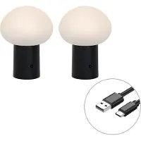QAZQA Sett med 2 oppladbare LED-bordlamper sopp svart - Louise