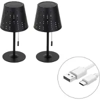 QAZQA Sett med 2 bordlamper svart inkl. LED 3-trinns dimbar oppladbar og solcelle - Ferre