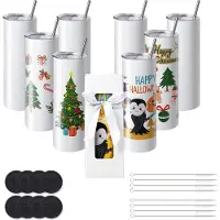 Vevor 8-paknings rette sublimeringsbeholdere, 591,5 ml blanke tumbler i bulk, rustfritt stål doble veggglass med sugerør, lokk, børste, bunn, krympepapir, gaveeske, for varmepress og varmeoverføring
