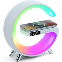 Mtp Products N69 Multifunksjonell APP-kontroll 15W trådløs lader Bluetooth-høyttaler med klokke og stemningslys, EU-kontakt - hvit